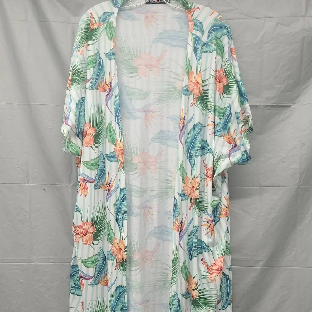 Floral Kimono Cardigan Open Front Hibiscus Bird Of Paradise Print Wrap White